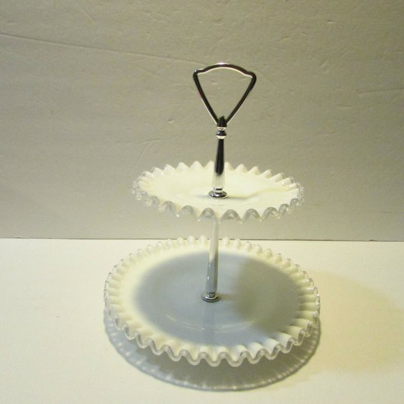 Fenton silver crest tidbit tray white with clear trim 2 tier serving plate - Picture 4 of 12